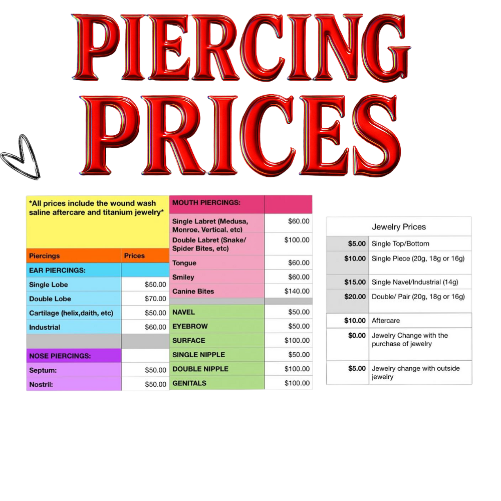 Harley Halford Complete Piercing Pricing Chart - includes ear, nose, mouth, body piercings and jewelry prices